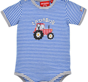 BONDI Baby Kurzarm Body "Traktor" 91527 | Blau Weiß Gestreift