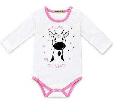 BONDI Baby Langarmbody "I love my Mummy" mit Giraffe | 93635 - Weiß/Rosa