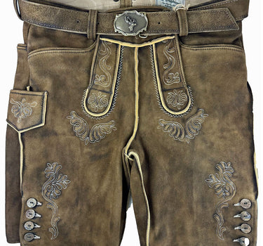 Buchberger Kurze Lederhose "Hubert 3" mit Gürtel | Ziegenvelours Braun Used