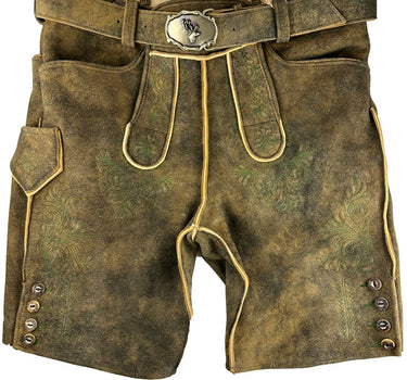 Buchberger Kurze Lederhose "Karl 1" mit Gürtel | Hirschleder Torf Grüner Stick