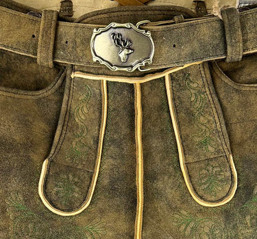 Buchberger Kurze Lederhose "Karl 1" mit Gürtel | Hirschleder Torf Grüner Stick