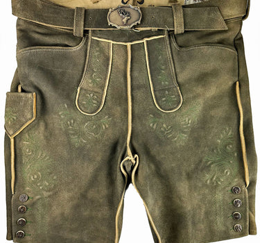 Buchberger Kurze Lederhose "Karl 1" mit Gürtel | Ziegenvelours Braun Grün