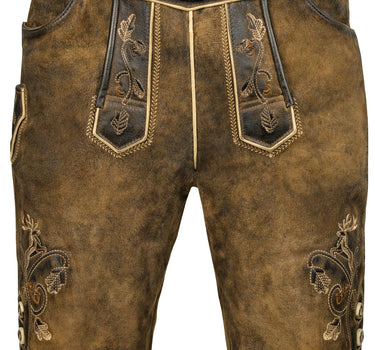 MADDOX Kurze Lederhose "Endorf" mit Gürtel und Hirschstickerei | Antik Ziller