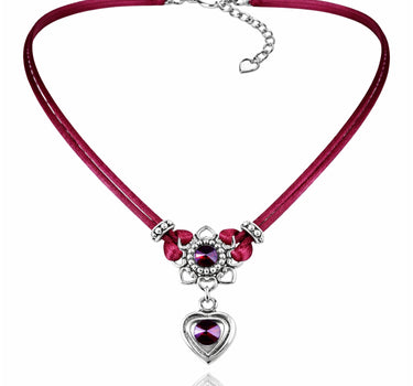 LUISIA Halskette "Chiara" mit Herzblüte, Strassherz und Premium Kristallen | Bordeaux
