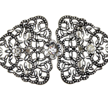 Dirndlschürzenschließe "Zarin" mit Blumenranken und Blüten mit Kristallen von Swarovski® Halbrund 51458-2 Asi Kristall - Steg 3 cm - Altsilber