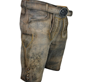 MADDOX Kurze Herren Lederhose "Horn" mit Gürtel | Antik W. Grau