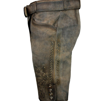 MADDOX Kurze Herren Lederhose "Horn" mit Gürtel | Antik W. Grau