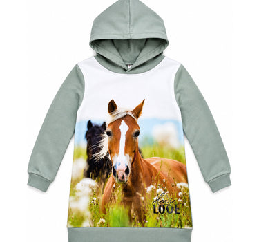 BONDI Mädchen Kapuzenkleid Hoodiekleid "Horse Love" 36215 | Oliv Grün