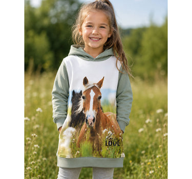BONDI Mädchen Kapuzenkleid Hoodiekleid "Horse Love" 36215 | Oliv Grün