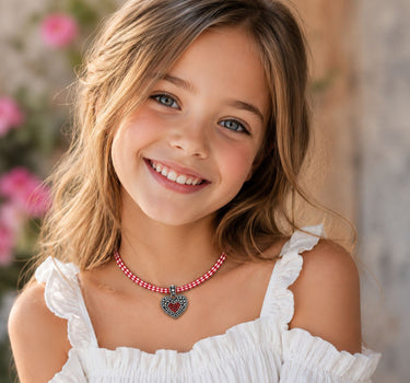 LUISIA® Kinder Halskette "Kariert mit Herz" mit Kristallen von Swarovski® | Dunkelrot