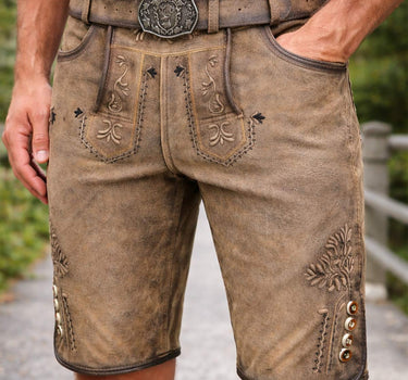 MADDOX Kurze Herren Lederhose "Hopfensee" mit Gürtel | Antik Bernstein
