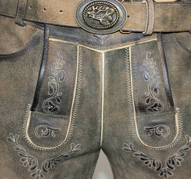 MADDOX Kurze Herren Lederhose "Hopfensee" mit Gürtel | Antik Bernstein