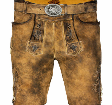 MADDOX Kurze Herren Lederhose "Mandlach" mit Gürtel | Camel Braun