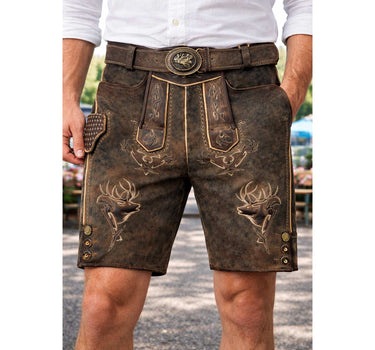MADDOX Kurze Lederhose "Urgsee" mit Hirschstickerei | Antik Coffee