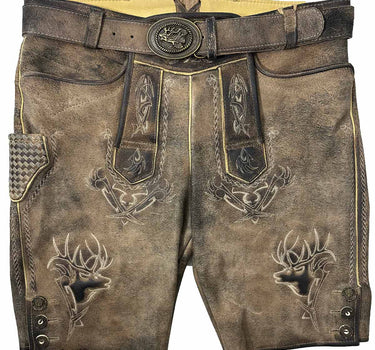 MADDOX Kurze Lederhose "Urgsee" mit Hirschstickerei | Antik Bernstein