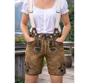 MADDOX Kurze Damen Lederhose "Verena" mit Hosenträgern | Antik Eiche