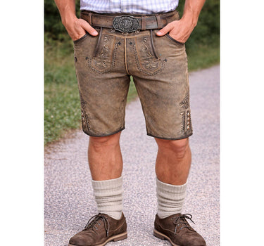 MADDOX Kurze Herren Lederhose "Zugersee" mit Gürtel | Antik R. Zement