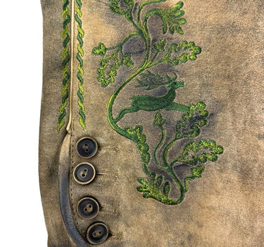 MADDOX Kurze Lederhose "Rothsee" mit Gürtel | Antik Zirbe - Grüne Stickerei