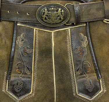 MADDOX Kurze Lederhose "Endorf" mit Gürtel und Hirschstickerei | Antik Ziller