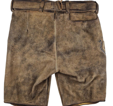 MADDOX Kurze Lederhose "Rothsee" mit Gürtel | Antik Eiche - Schwarze Stickerei