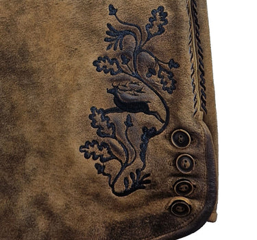 MADDOX Kurze Lederhose "Rothsee" mit Gürtel | Antik Eiche - Schwarze Stickerei