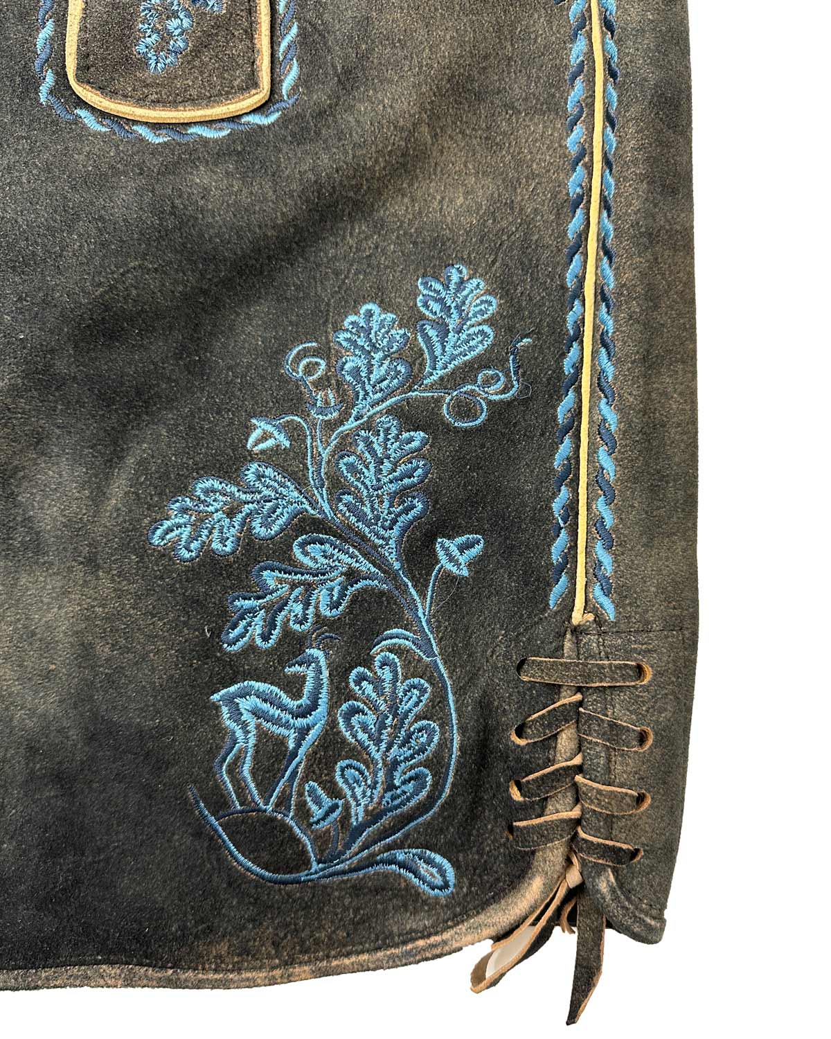 Maddox Lederhose Fleesensee Herren - Ziegenvelours Kurze Lederhose Blau Grau