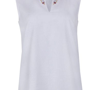 Piz Palü Damen Bluse "Bachhagel" Ärmellos mit Blumenstickerei | Weiß