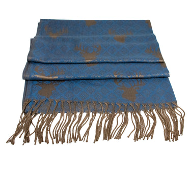 Halstuch Schal mit Hirschkopf Motiv 185 x 70 cm | Graublau / Braun