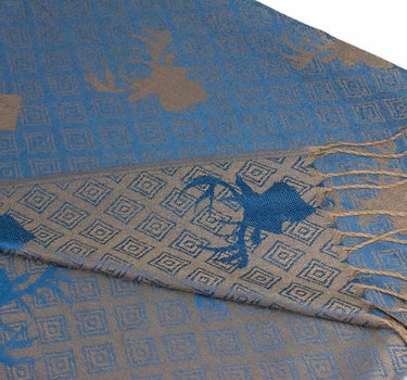 Halstuch Schal mit Hirschkopf Motiv 185 x 70 cm | Graublau / Braun