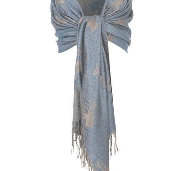 Halstuch Schal mit Hirschkopf Motiv 185 x 70 cm | Graublau / Braun