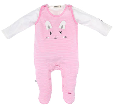 BONDI Baby Strampler "Häschen" geringelt 2-tlg. 93636 | Rosa / Weiß