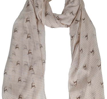 Trachten Halstuch Schal Kariert mit Hirschmotiv 185 x 70 cm | Beige