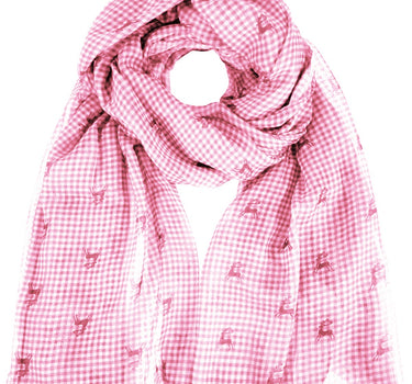 Trachten Halstuch Schal Kariert mit Hirschmotiv 185 x 70 cm | Rosa