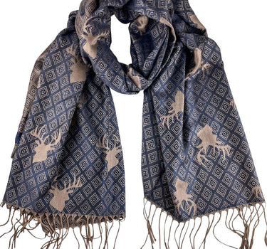 Halstuch Schal mit Hirschkopf Motiv 185 x 70 cm | Dunkelblau / Braun