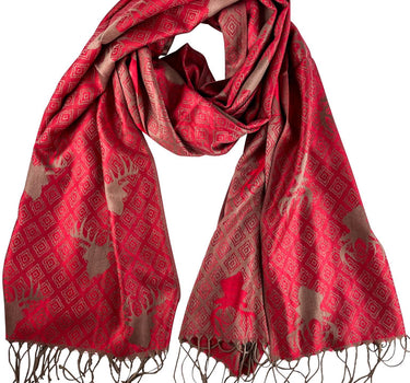 Halstuch Schal mit Hirschkopf Motiv 185 x 70 cm | Rot / Gold
