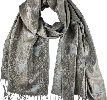 Halstuch Schal mit Hirschkopf Motiv 185 x 70 cm | Taupe / Silber