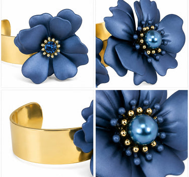 LUISIA® Armreif Armspange "Nelia" mit Blumen - 16 Karat vergoldet | Dunkelblau