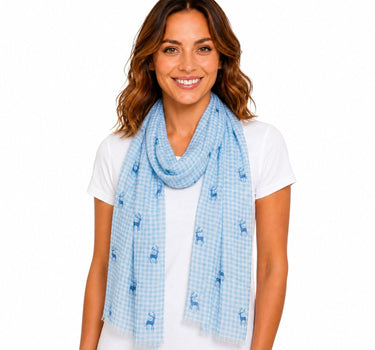 Trachten Halstuch Schal Kariert mit Hirschmotiv 185 x 70 cm | Hellblau