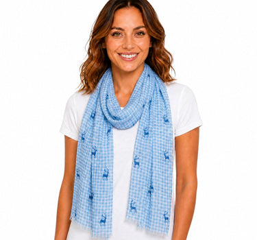Trachten Halstuch Schal Kariert mit Hirschmotiv 185 x 70 cm | Himmelblau