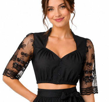 Dirndlbluse für Damen mit Spitze und Pailletten | Schwarz