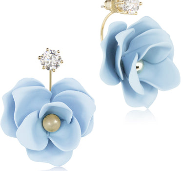 LUISIA Front Back Ohrringe Jarla mit Blumen - 16 Karat vergoldet Hellblau