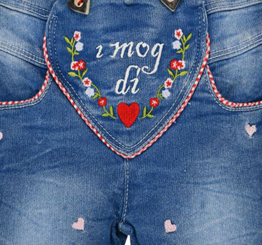 BONDI Baby Mädchen Trachten Jeans "I mog di" mit Herzen 86565 | Blau