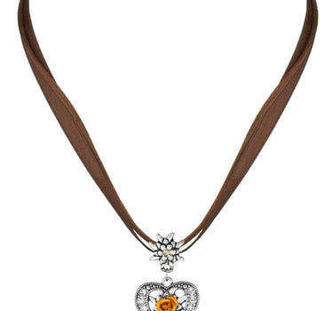 Herz Trachten Halskette mit Rose und Edelweiß | Braun
