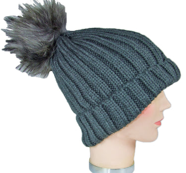 Damen Beanie Strickmütze mit Fellbommel - Dunkelgrau