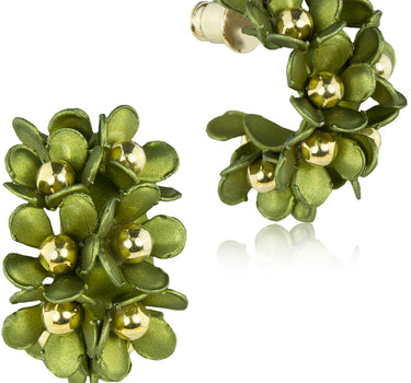 LUISIA® Halb Creolen Ohrstecker Mia mit Blüten - 16 Karat vergoldet Olivgrün