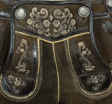 Maddox Kurze Damen Lederhose Gretel mit Hosenträgern - Dunkelbraun Antik Nuss Beige