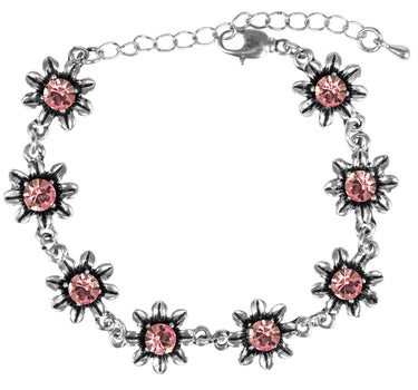 Silbernes Strass Armband mit Blüten - Rosa