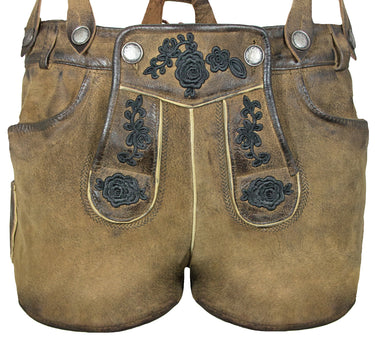 Maddox Kurze Damen Lederhose Daniela mit Hosenträgern - Braun Antik Eiche