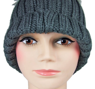 Damen Beanie Strickmütze mit Fellbommel - Dunkelgrau