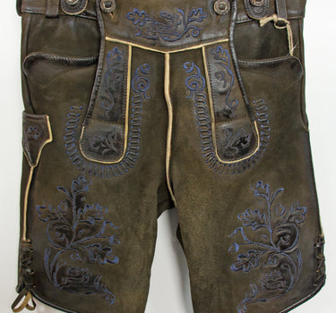 Maddox Kurze Lederhose mit Stegträgern Bertolo - Dunkelbraun Blau - Antik Reut